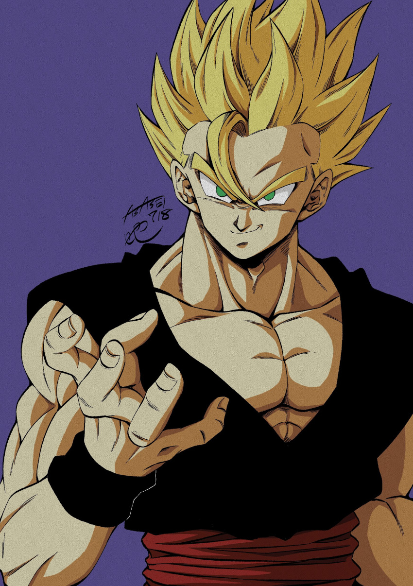 1boy absurdres artist_name biceps black_wristband blonde_hair closed_mouth collarbone commentary_request dougi dragon_ball dragon_ball_super dragon_ball_super_super_hero green_eyes hand_up highres looking_at_viewer male_focus muscular muscular_male pectorals purple_background red_sash sash seya_(asasei_718) signature simple_background smile smirk solo son_gohan spiked_hair super_saiyan super_saiyan_1 upper_body v-shaped_eyebrows wristband