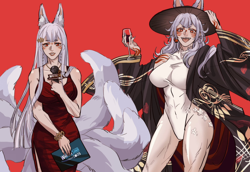 2023 2girls animal_ear_fluff animal_ears black_headwear black_kimono blunt_bangs blunt_ends bracelet breasts collarbone covered_navel dress dual_persona earrings english_commentary facial_mark forehead_mark fox_ears fox_girl fox_tail grey_nails highres holding holding_microphone japanese_clothes jewelry kimono lantern_earrings large_breasts long_hair microphone multiple_girls multiple_tails necklace nijisanji nijisanji_en nina_kosaka open_clothes open_kimono parted_lips premium_honey red_background red_dress red_eyes single_earring smile tail toned tongue tongue_out very_long_hair virtual_youtuber wwe