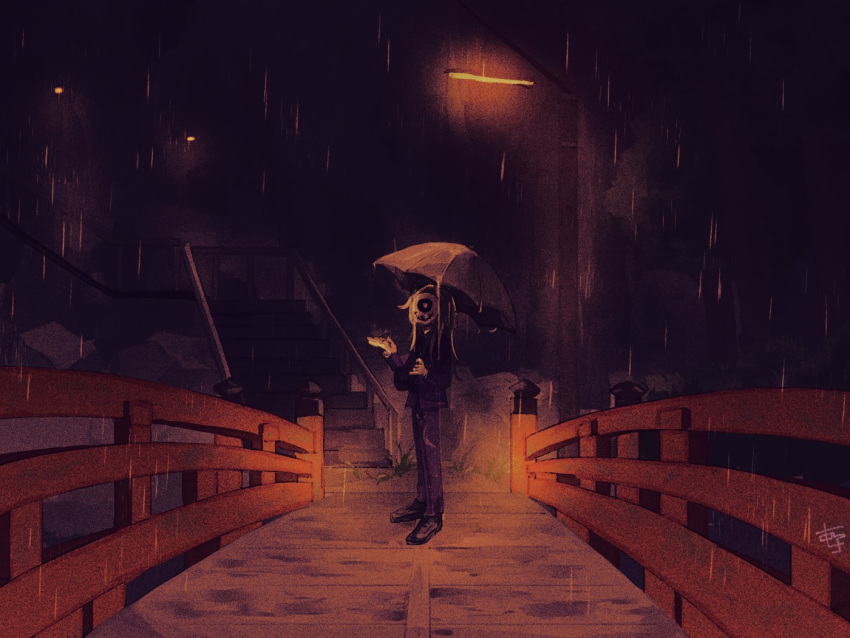 1boy anko_(ultimate_zekkouchou) black_footwear commentary covered_face english_commentary holding holding_umbrella jacket lamppost long_hair long_sleeves makoto_kagutsuchi male_focus mask master_detective_archives:_rain_code night outdoors pants purple_jacket purple_pants rain scenery shoes signature solo stairs standing umbrella wooden_bridge