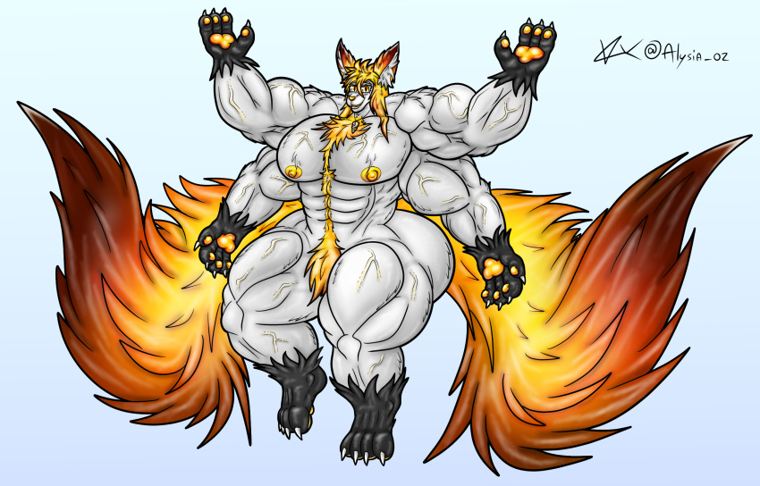 2_tails 4_arms 4_fingers abs anthro big_butt big_muscles butt canid canine canis elysios elysios_(elysios) fingers fox hair hi_res huge_butt huge_muscles hybrid hyper hyper_muscles male mammal multi_arm multi_limb multi_tail muscular muscular_male nipples nude pawpads solo tail thick_thighs vein veiny_muscles wolf