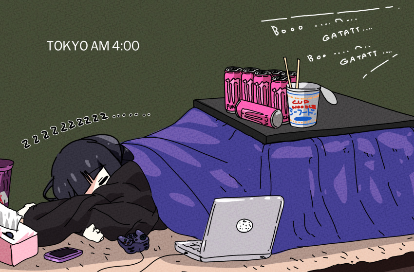 1girl black_cardigan black_hair bocchi_the_rock! can cardigan cellphone chopsticks closed_eyes computer controller cup_ramen game_controller goumonsha highres hime_cut kotatsu laptop monster_energy on_floor pa-san phone sleeping smartphone solo table tissue_box under_kotatsu under_table