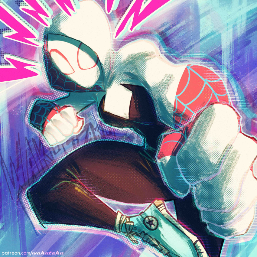 1girl aqua_footwear black_bodysuit bodysuit breasts gwen_stacy highres hood hooded_bodysuit looking_at_viewer marvel medium_breasts skin_tight spider-gwen spider-man:_across_the_spider-verse spider-man:_into_the_spider-verse spider-man_(series) superhero taku_(aywakutakuay) two-tone_bodysuit white_bodysuit