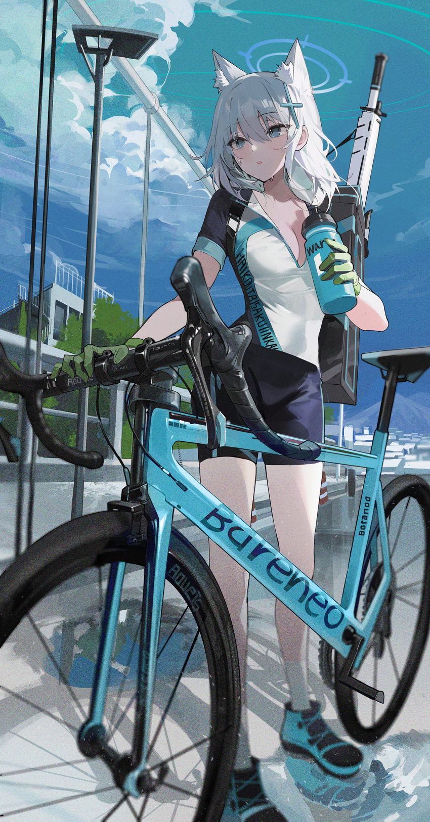 1girl animal_ear_fluff animal_ears assault_rifle bicycle bike_shorts blue_archive blue_eyes blue_footwear blue_halo blue_sky bottle breasts buri_(retty9349) cleavage cloud cross_hair_ornament gloves green_gloves grey_hair gun hair_between_eyes hair_ornament halo heterochromia highres holding holding_bottle medium_breasts medium_hair official_alternate_costume open_mouth outdoors rifle road shiroko_(blue_archive) shiroko_(cycling)_(blue_archive) shoes short_hair sky sneakers solo standing sweatdrop tree weapon white_hair wolf_ears