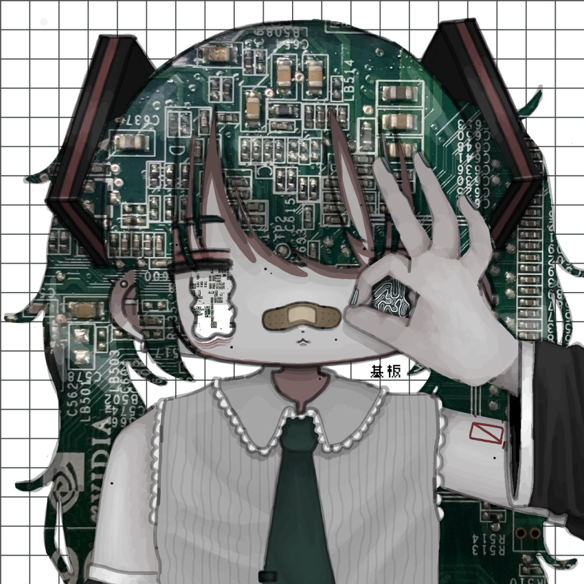 1girl :3 alternate_eye_color bags_under_eyes bandaid bandaid_on_face bandaid_on_nose black_sleeves circuit_board collared_shirt commentary detached_sleeves ear_piercing english_commentary green_necktie grey_shirt grid_background hand_up hatsune_miku heterochromia highres imo_(imoknol) industrial_piercing long_hair looking_at_viewer messy_hair mole mole_under_eye mole_under_mouth motherboard necktie nvidia ok_sign ok_sign_over_eye pale_skin patterned_eyes patterned_hair piercing ribbed_shirt shirt shoulder_tattoo sleeveless sleeveless_shirt solo spiked_ear_piercing straight-on tattoo translation_request twintails upper_body vocaloid wavy_eyes