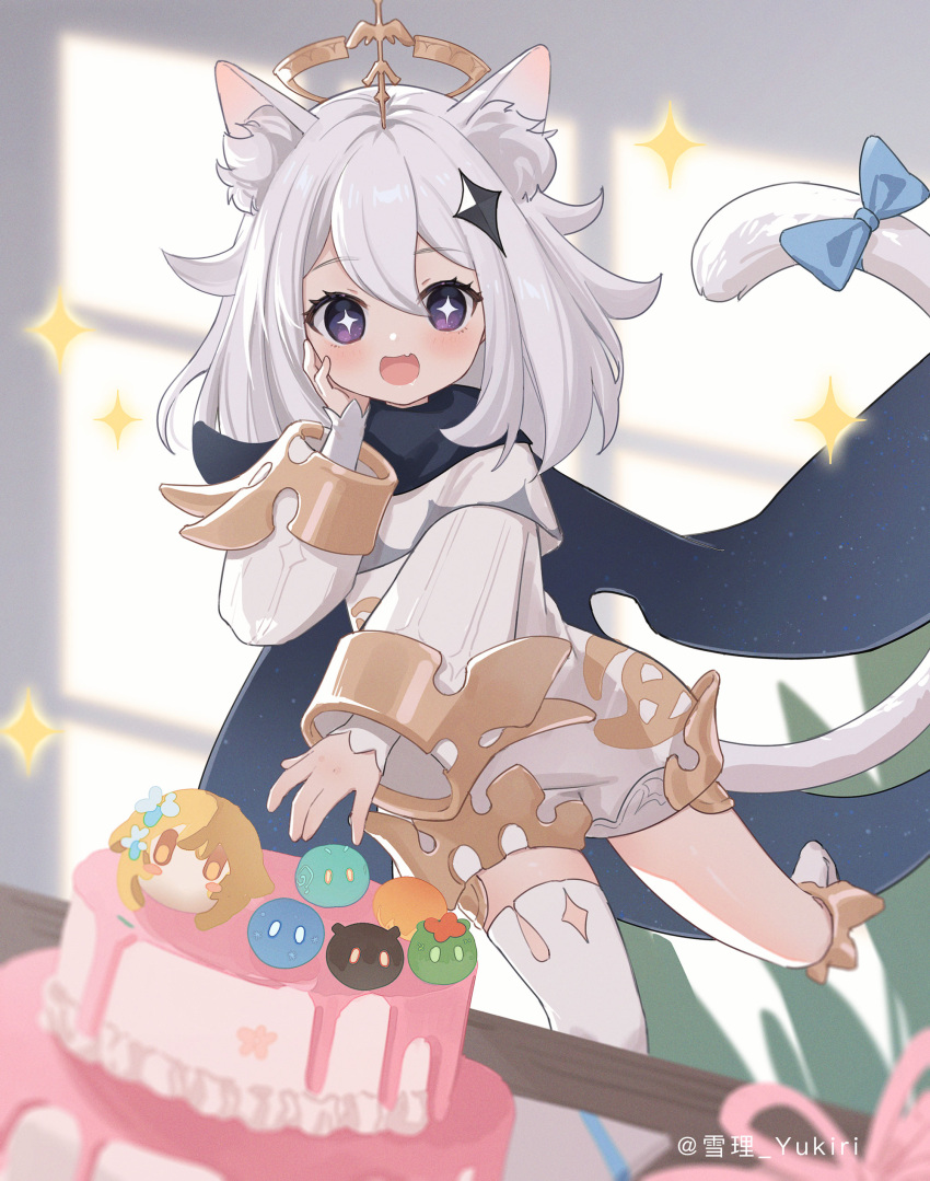 +_+ absurdres animal_ear_fluff animal_ears aqua_ribbon artist_name asymmetrical_legwear blush boots cake cape cat_ears cat_tail commentary commentary_request crown day english_commentary floating food genshin_impact gold_trim gradient_cape hair_between_eyes hair_flaps hair_ornament hand_on_own_cheek hand_on_own_face highres indoors long_hair long_sleeves looking_at_viewer lumine_(genshin_impact) mixed-language_commentary open_mouth paimon_(genshin_impact) paimon_(magi) ribbon shade sidelocks single_thighhigh slime_(genshin_impact) smile star-shaped_pupils star_(symbol) swept_bangs symbol-only_commentary symbol-shaped_pupils table tail tail_ornament tail_ribbon thighhighs twitter_username wall white_footwear white_hair white_thighhighs wide_sleeves yukiri_(l_ii)