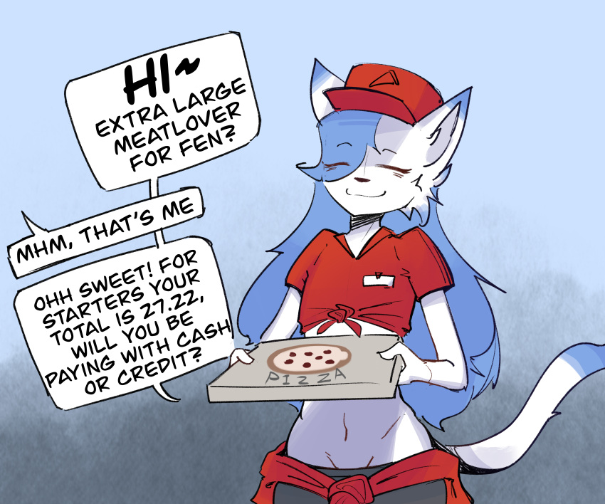 6:5 absurd_res anthro blue_hair clothing crop_top delivery_(commerce) dialogue ds0ivi0 duo felid feline food_delivery hair hi_res humanoid male male/male mammal pizza_box pizza_delivery shirt speech_bubble stiria topwear white_body