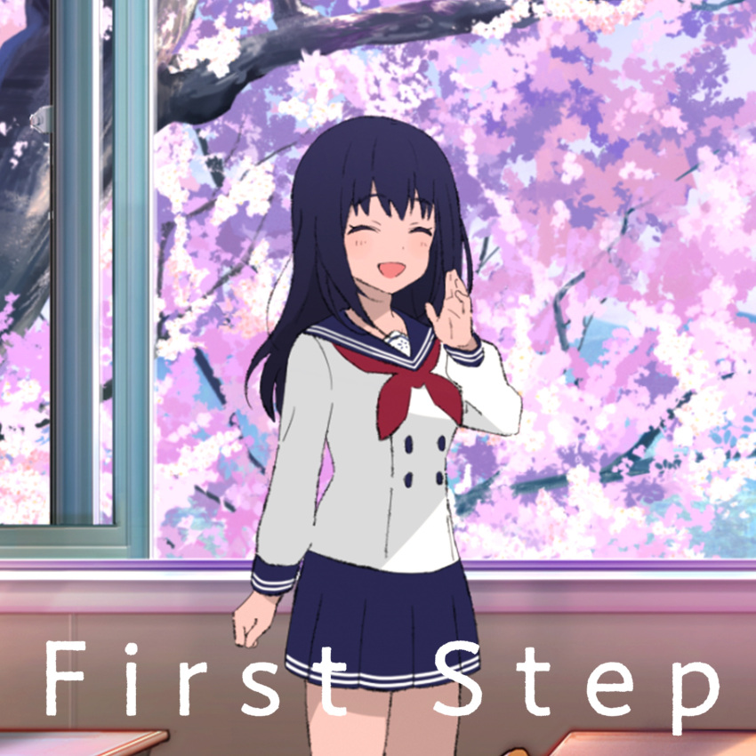 1girl :d absurdres album_cover arm_at_side black_hair blue_sailor_collar blue_skirt blush breasts buttons cherry_blossoms classroom closed_eyes cover cowboy_shot desk double-breasted facing_ahead hand_up highres hoshimi_private_high_school_uniform idoly_pride indoors legs_together long_bangs long_hair long_sleeves medium_breasts miniskirt nagase_mana neckerchief official_art open_hand open_mouth open_window pleated_skirt red_neckerchief sailor_collar school_uniform serafuku shirt skirt smile solo straight_hair thighs tree white_shirt window