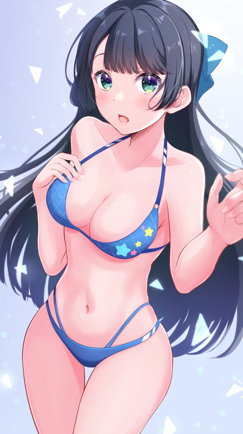 1girl absurdres arms_up bare_shoulders bikini black_hair blue_background blue_bikini blue_bow blunt_bangs blush bow breasts cleavage collarbone commentary_request cowboy_shot d4dj fingernails gradient_background green_eyes hair_bow halterneck hand_on_own_chest highres long_hair looking_at_viewer medium_breasts multi-strapped_bikini_bottom navel parted_lips print_bikini solo star_(symbol) star_print stomach swimsuit thigh_gap togetsu_rei very_long_hair yuzu_ponzu_(vgah7445)