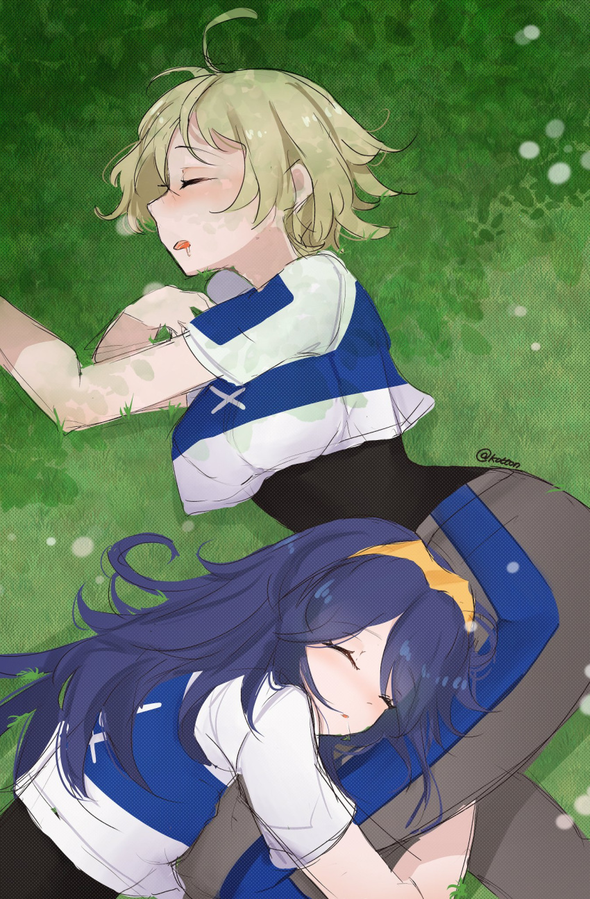 2girls ahoge blonde_hair blue_hair crop_top drooling fire_emblem fire_emblem_awakening fire_emblem_engage grass highres holding_another's_leg long_hair lucina_(fire_emblem) merrin_(fire_emblem) multiple_girls on_grass pants serafineart1001 short_hair short_sleeves sleeping sleeping_on_person tiara training_outfit_(fire_emblem_engage)