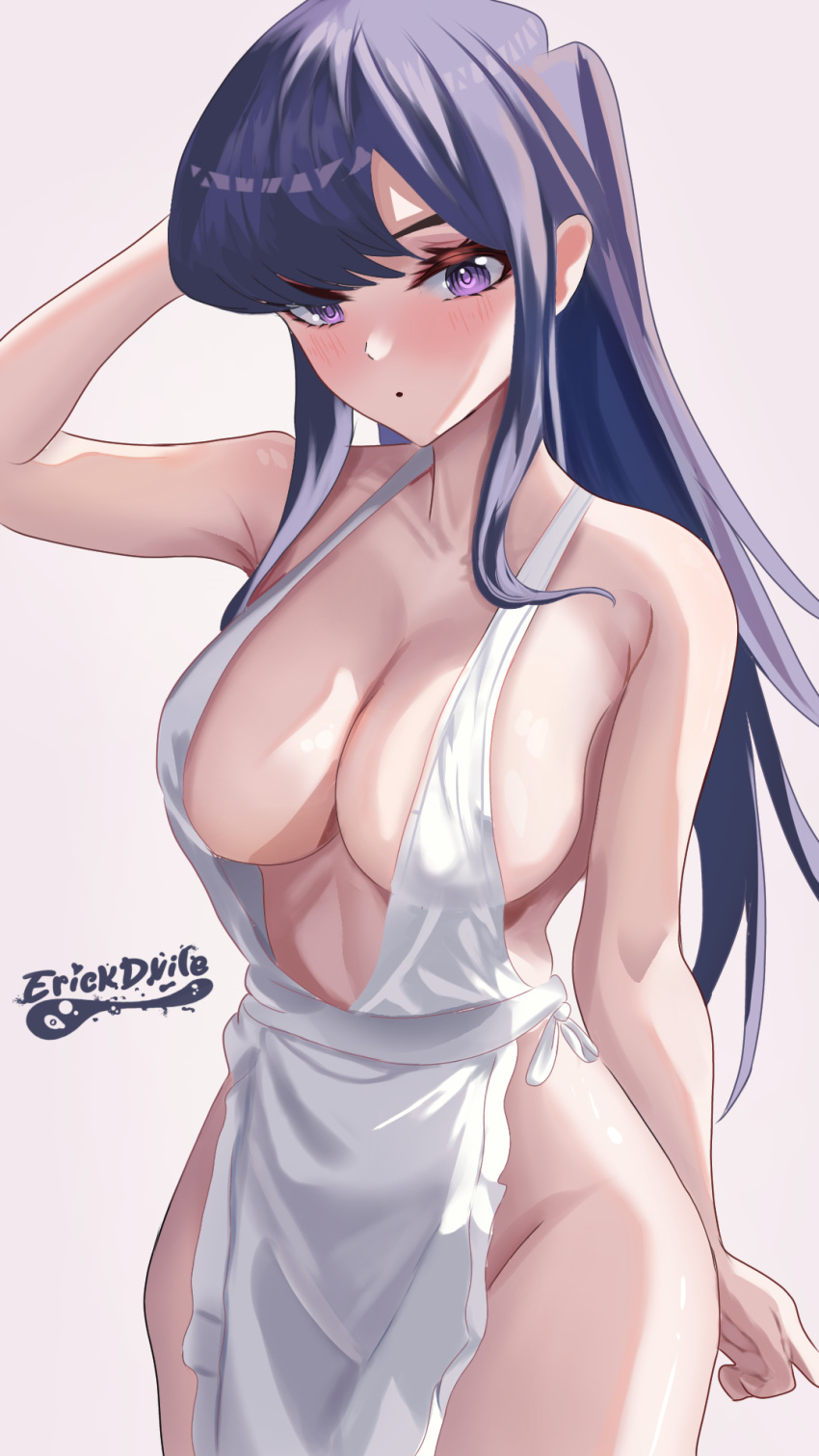 1girl :o apron artist_name black_hair breasts erickdvile hand_up highres komi-san_wa_komyushou_desu komi_shouko large_breasts long_hair naked_apron open_mouth purple_eyes solo white_apron