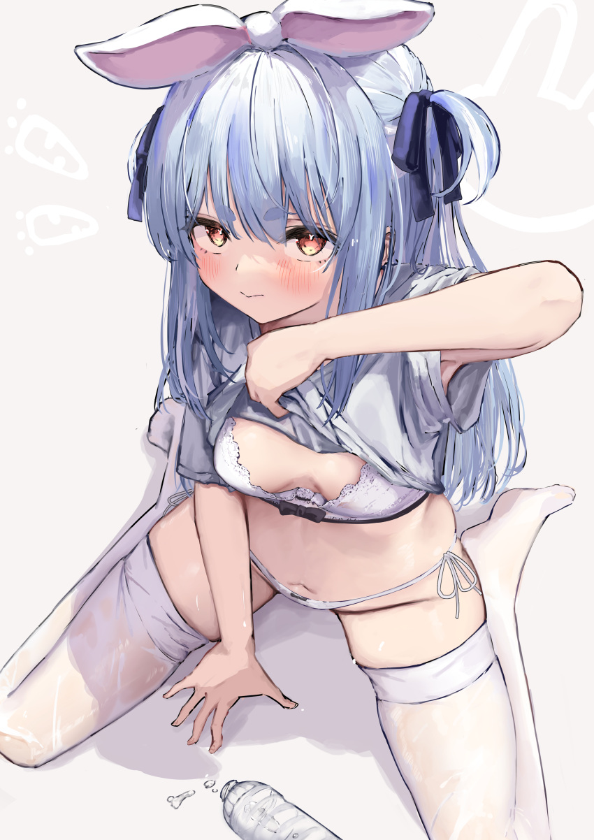 1girl absurdres animal_ears blue_hair blue_ribbon blush bottle bra breasts closed_mouth clothes_lift commentary_request gyoku_seisyoku hair_ribbon hand_on_ground hand_up highres hololive lifted_by_self long_hair looking_at_viewer navel no_shoes panties rabbit-shaped_pupils red_eyes ribbon see-through_thighhighs shirt shirt_lift short_sleeves side-tie_panties sitting small_breasts solo symbol-shaped_pupils thighhighs two_side_up underwear usada_pekora virtual_youtuber wariza water_bottle wet white_bra white_panties white_shirt white_thighhighs