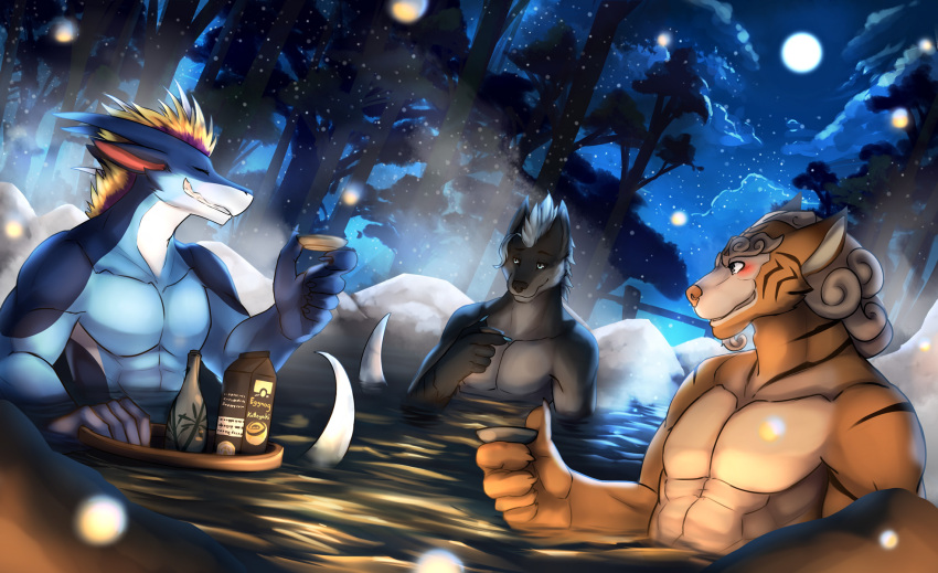 anthro black_sclera blonde_hair blue_body blue_eyes blush canid eyes_closed grey_body grey_eyes grin group hair hi_res kuttoyaki male mammal moon orange_body outside partially_submerged smile snow snowing steam tan_body teryx_commodore trio