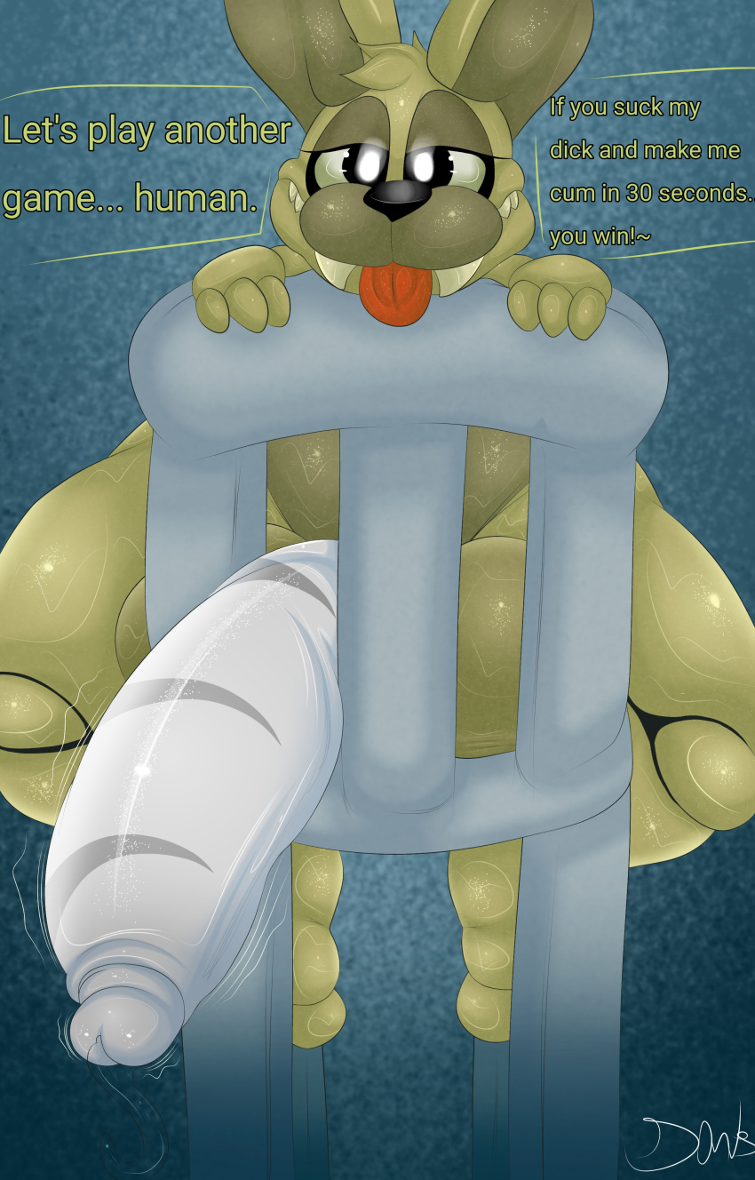 absurd_res animatronic anthro ball_squish balls belly big_balls big_butt big_penis bodily_fluids butt chair dialogue eyelashes feet five_nights_at_freddy's five_nights_at_freddy's_4 furniture genitals girthy glans green_balls green_body grey_glans grey_penis half-closed_eyes hi_res huge_balls huge_penis humanoid_genitalia humanoid_penis lagomorph leporid looking_at_viewer looking_pleasured machine male mammal metal_penis multicolored_body narrowed_eyes nude on_chair penis plushie plushophilia plushtrap_(fnaf) plushtrapboyuwu rabbit robot scottgames sharp_teeth short_stack simple_background sitting sitting_backwards sitting_on_chair small_but_hung solo spread_legs spreading squish sweat sweaty_balls sweaty_belly sweaty_feet sweaty_genitalia sweaty_legs sweaty_thighs talking_to_viewer teeth teeth_gap teeth_showing text thick_penis thick_thighs throbbing throbbing_penis tongue tongue_out two_tone_body wide_hips