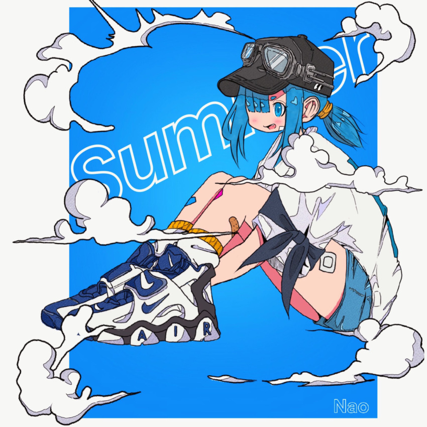 1girl asymmetrical_bangs baseball_cap black_headwear blue_background blue_eyes blue_hair blue_shorts border cloud english_text from_side full_body goggles goggles_on_headwear hair_over_one_eye hat highres knees_up legs_together light_blush long_bangs medium_hair nao97122 nike open_mouth original outside_border revision shirt shoes short_ponytail short_sleeves shorts sidelocks simple_background sitting smile sneakers socks solo white_border white_footwear white_shirt white_socks