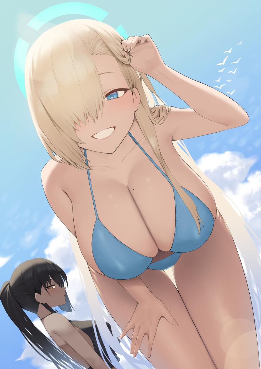 2girls absurdres adjusting_hair asuna_(blue_archive) asymmetrical_bangs bare_shoulders bent_over bikini black_hair blonde_hair blue_archive blue_bikini blue_eyes blue_halo blush breasts bright_pupils brown_hair cleavage collarbone covered_nipples dark-skinned_female dark_skin dutch_angle grin hair_behind_ear hair_over_one_eye halo hand_on_own_thigh hanging_breasts highres huge_breasts karin_(blue_archive) large_breasts long_bangs long_hair looking_at_viewer lordol mole mole_on_breast multiple_girls ponytail profile sideways_glance sky smile swimsuit thigh_gap very_long_hair