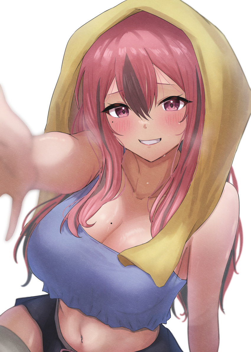 1girl absurdres arm_up azur_lane bare_shoulders black_shorts blurry blurry_foreground blush breasts bremerton_(azur_lane) bremerton_(relaxation_consultation)_(azur_lane) cleavage collarbone commentary_request cowboy_shot crop_top grey_hair grey_thighhighs grin hair_between_eyes hair_down highres large_breasts long_hair looking_at_viewer mole mole_on_breast mole_under_eye multicolored_hair navel navel_piercing official_alternate_costume official_alternate_hairstyle piercing pink_eyes pink_hair purple_tank_top short_shorts shorts sidelocks simple_background sitting smile solo soul_(dp11) streaked_hair tank_top teeth thighhighs towel towel_on_head two-tone_hair wet white_background
