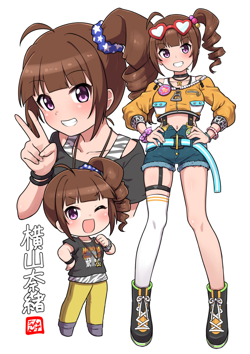 1girl absurdres ahoge black_footwear black_shirt blue_shorts blunt_bangs boots brown_hair character_name chibi choker crop_top denim denim_shorts drill_hair eyewear_on_head glasses grin hands_on_own_hips heart heart-shaped_eyewear highres idolmaster idolmaster_million_live! jewelry long_sleeves navel necklace ngetyan purple_eyes red-framed_eyewear shirt short_hair short_shorts short_sleeves shorts side_drill single_thighhigh smile solo teeth thighhighs v white_background white_thighhighs yokoyama_nao zipper zipper_pull_tab