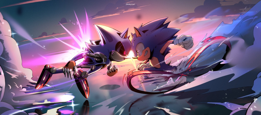 1boy 1other animal_ears artist_name black_sclera blue_fur cloud cloudy_sky colored_sclera dust dust_cloud gloves green_eyes heads_together hedgehog hedgehog_ears hedgehog_tail highres kotoriyrisuet looking_at_another metal_sonic no_mouth red_eyes red_footwear robot running sega shoes sky smile snout sonic_(series) sonic_the_hedgehog sonic_the_hedgehog_(ova) speed_lines sunset tail teeth thrusters white_gloves