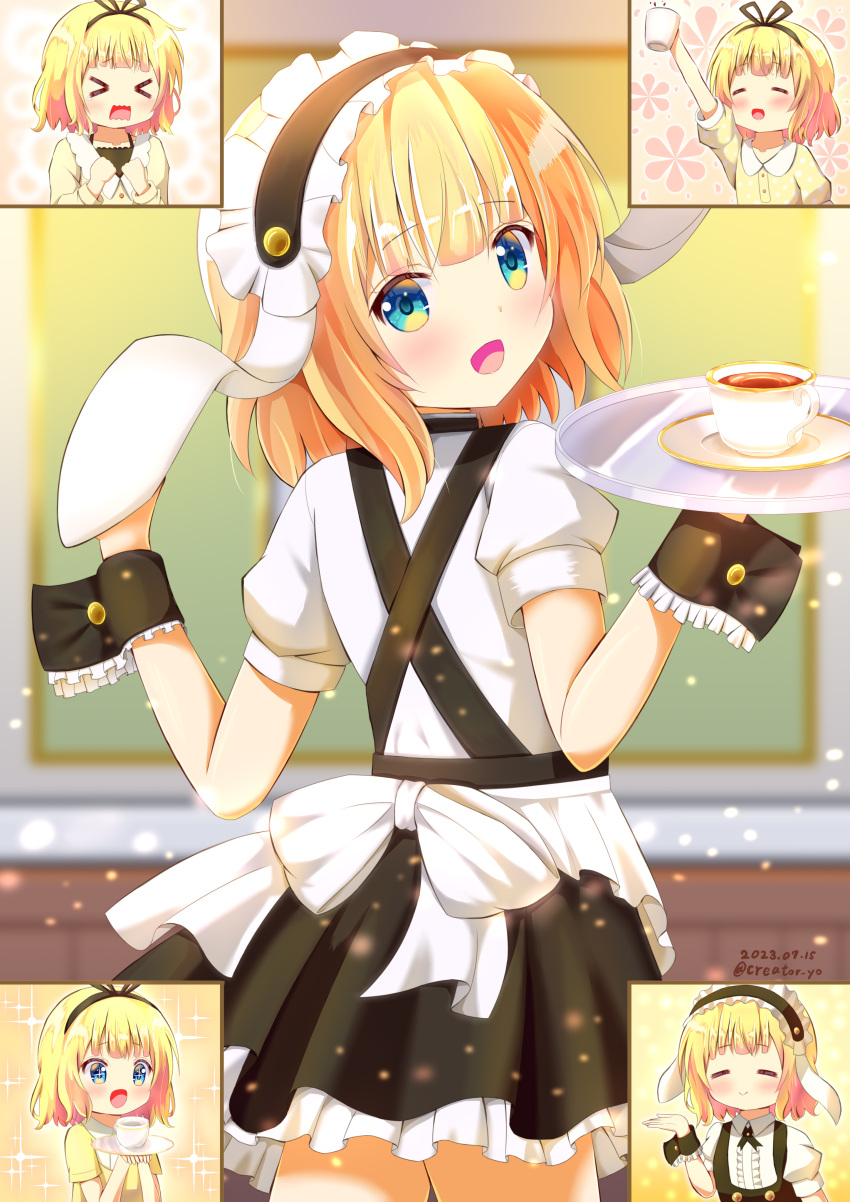 &gt;_&lt; 1girl 2023 :d absurdres apron black_hairband black_ribbon black_skirt blonde_hair blue_eyes blunt_bangs blurry blurry_background coffee cowboy_shot creator_yo dated drunk fleur_de_lapin_uniform gochuumon_wa_usagi_desu_ka? hair_ribbon hairband highres holding holding_plate kirima_syaro layered_skirt long_hair looking_at_viewer looking_back miniskirt open_mouth plate ribbon shirt short_sleeves skirt smile solo sparkle twitter_username waist_apron white_apron white_shirt wrist_cuffs