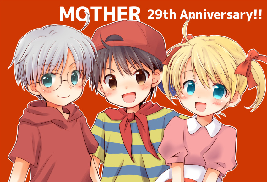 1girl 2boys :d ahoge ana_(mother) anniversary ascot backwards_hat baseball_cap black_hair blonde_hair blue_eyes blue_shirt blush bow brown_eyes chana_gon closed_mouth collared_dress commentary_request copyright_name dress glasses grey_hair hair_between_eyes hair_bow hat hood hood_down hoodie lloyd_(mother) looking_at_viewer mother_(game) mother_1 multiple_boys ninten open_mouth outline parted_bangs pink_dress puffy_short_sleeves puffy_sleeves red_ascot red_background red_bow red_headwear red_hoodie shirt short_hair short_sleeves sidelocks simple_background smile striped striped_shirt t-shirt twintails two-tone_shirt upper_body v-shaped_eyebrows white_outline yellow_shirt