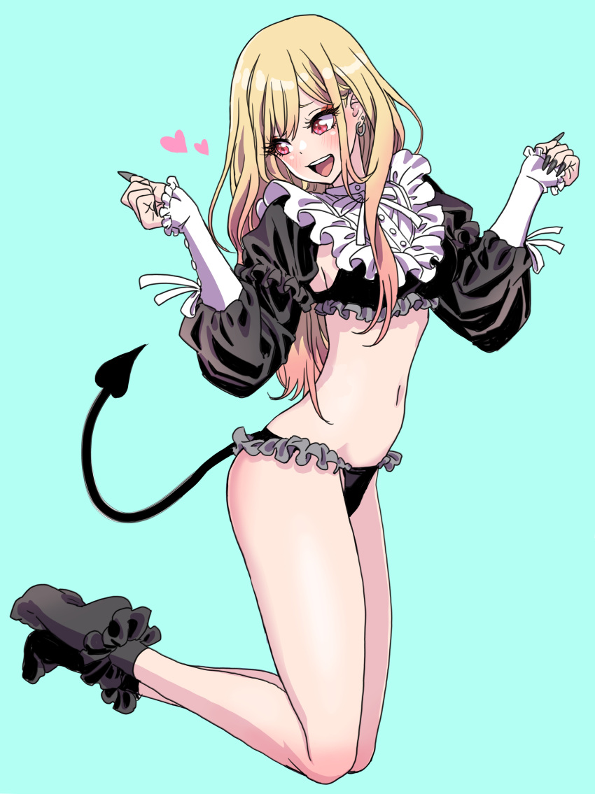 1girl :d absurdres black_bra black_nails black_panties black_socks black_tail blonde_hair blush bobby_socks bra colored_tips commentary_request cosplay demon_tail ear_piercing fake_nails frilled_panties frilled_shirt frilled_shirt_collar frills full_body green_background hands_up heart highres kitagawa_marin long_hair long_sleeves looking_back multicolored_hair navel no_shoes open_mouth panties piercing pink_hair puffy_sleeves red_eyes revealing_clothes rizu-kyun shirt simple_background smile socks solo sono_bisque_doll_wa_koi_wo_suru stomach tail teeth underwear upper_teeth_only white_shirt yamashita_shun'ya