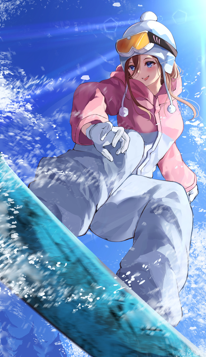 1girl absurdres blue_eyes blue_sky blush brown_hair commentary full_body gloves go-toubun_no_hanayome goggles goggles_on_headwear hair_between_eyes happy highres hood lens_flare light_rays long_hair looking_down nakano_miku open_mouth outdoors pom_pom_(clothes) raikun_raikun sidelighting sidelocks sky smile snow snowboard snowboarding standing teeth white_gloves white_headwear winter winter_clothes