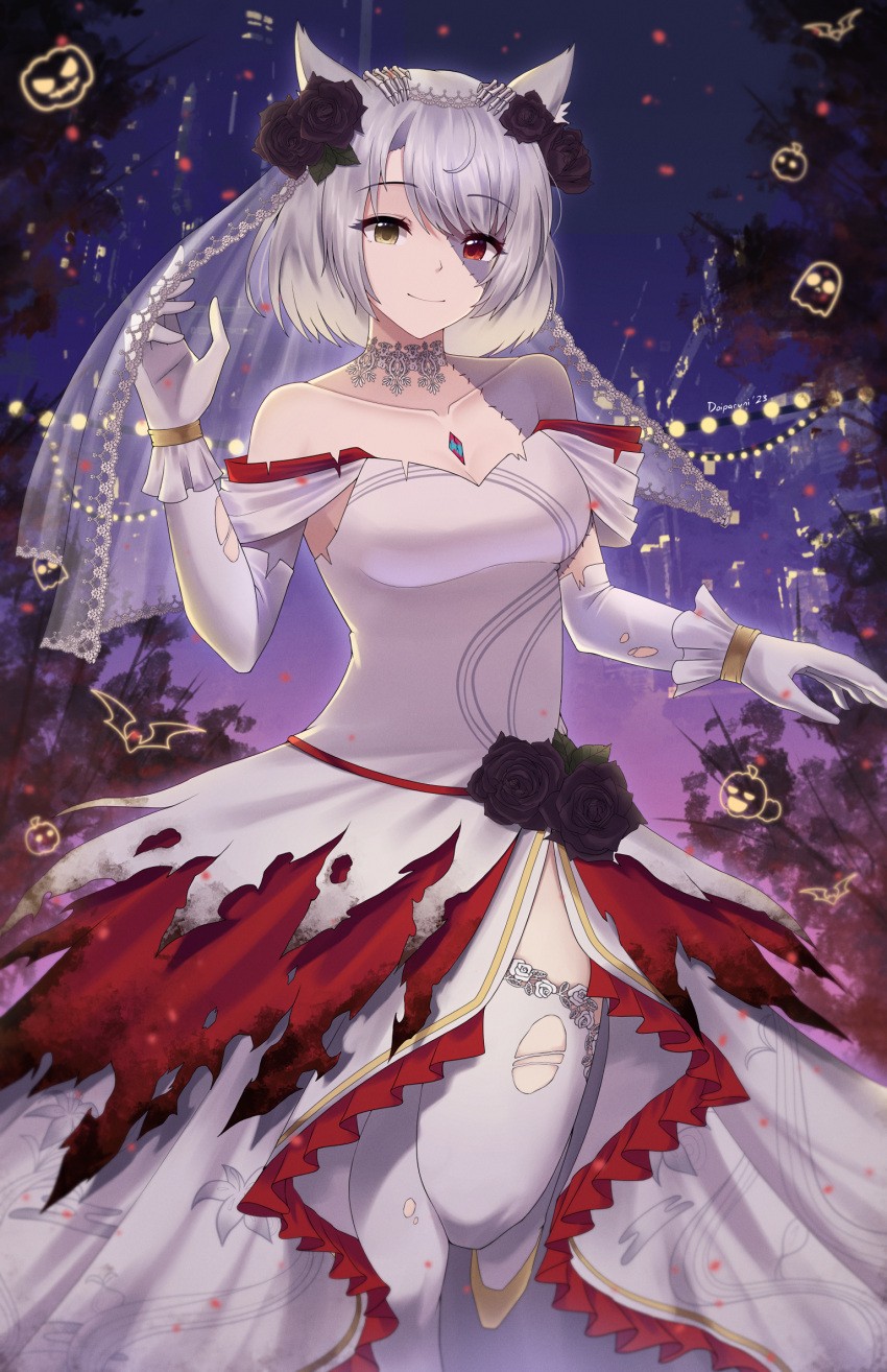 1girl animal black_flower black_rose breasts bride bride_of_frankenstein bride_of_frankenstein_(cosplay) chest_jewel cleavage colored_skin cosplay doiparuni dress elbow_gloves flower gloves grey_hair hair_flower hair_ornament halloween highres looking_at_viewer medium_breasts mio_(xenoblade) rose smile solo stitched_face stitches thighhighs torn_clothes torn_dress torn_thighhighs veil wedding_dress white_gloves white_thighhighs xenoblade_chronicles_(series) xenoblade_chronicles_3