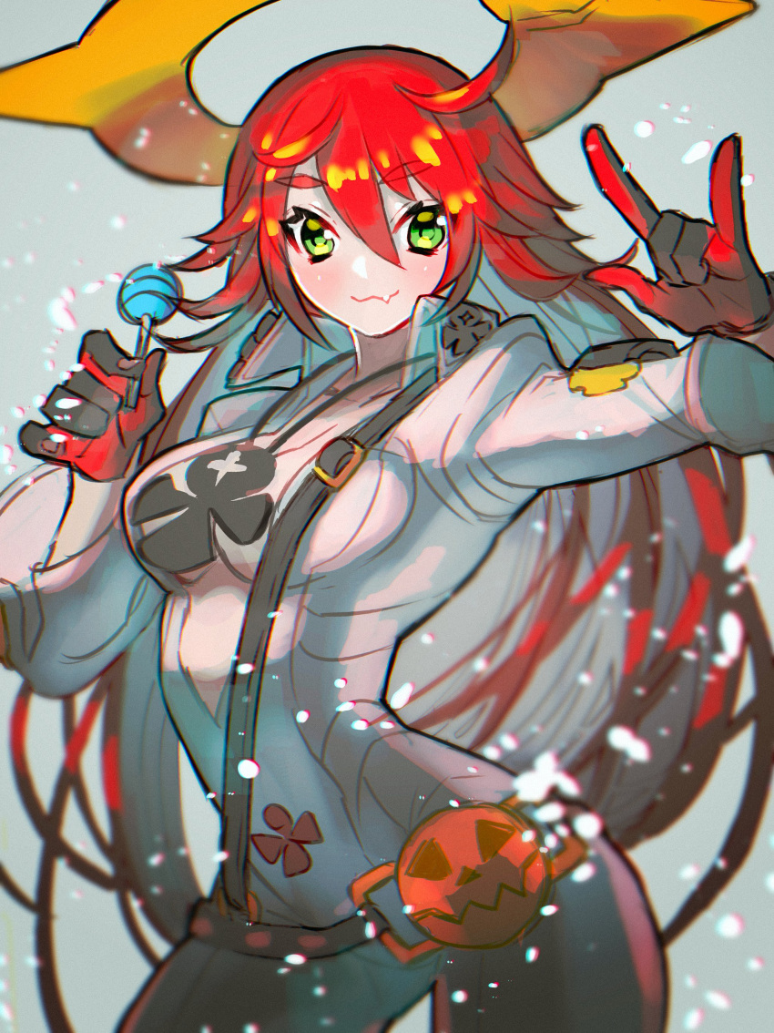 1girl absurdres bodysuit breasts candy food gloves grey_hair guilty_gear guilty_gear_strive halo highres jack-o'_valentine jewelry lollipop necklace red_hair solo yohane_shimizu