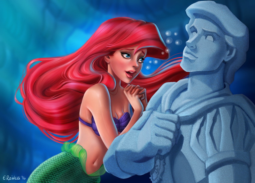 1girl air_bubble ariel_(disney) artist_name blue_eyes blush bubble elirain highres long_hair mermaid monster_girl open_mouth own_hands_clasped own_hands_together red_hair shell shell_bikini statue teeth the_little_mermaid underwater upper_teeth_only watermark