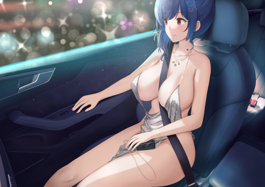 1girl absurdres azur_lane bag bare_shoulders between_breasts blue_hair breasts car_interior collarbone commentary_request dress evening_gown hair_ornament hairclip handbag highres jewelry joko_jmc large_breasts lens_flare necklace official_alternate_costume pelvic_curtain pink_nails red_eyes revealing_clothes seatbelt sideboob silver_dress sitting solo st._louis_(azur_lane) st._louis_(luxurious_wheels)_(azur_lane) thighs