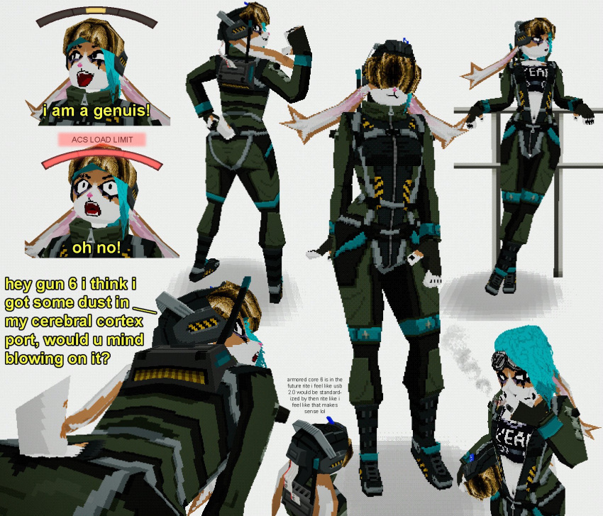 3d_(artwork) anthro armored_core_(series) b0tster blender_(software) bodysuit bunlith_(b0tster) butt clothing cosplay dialogue digital_media_(artwork) female fur hi_res lagomorph leporid looking_at_viewer looking_back low_poly mammal midriff rabbit scut_tail short_tail skinsuit solo tail text tight_clothing unzipped_bodysuit white_body white_fur