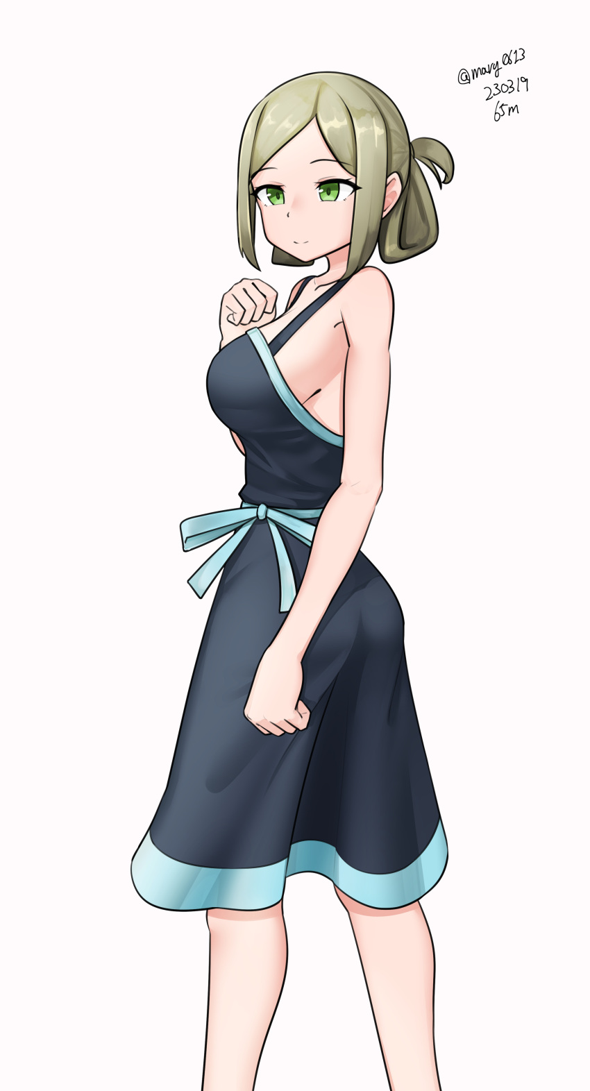 1girl absurdres ass blue_dress breasts brown_hair dress feet_out_of_frame folded_ponytail green_eyes highres kantai_collection katori_(kancolle) large_breasts looking_at_viewer looking_back maru_(marg0613) no_eyewear sidelocks simple_background sleeveless sleeveless_dress solo white_background