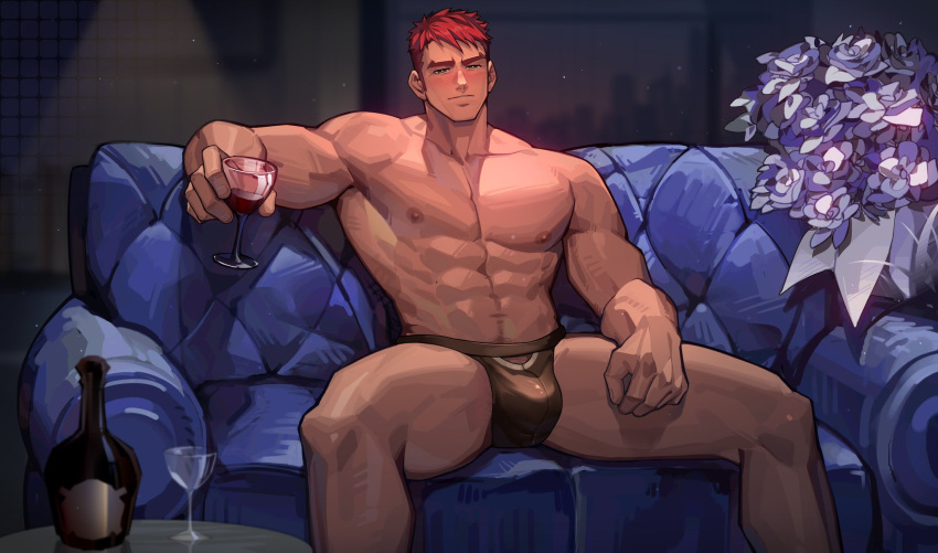 1boy abs bara blush bottle briefs brown_male_underwear bulge couch crotch_cutout cup drinking_glass feet_out_of_frame flower_in_pocket formal highres large_pectorals looking_at_viewer male_focus male_underwear mature_male muscular muscular_male navel navel_hair nipples on_couch original pectorals peterhl red_hair short_hair solo spotlight spread_legs suit thick_eyebrows thick_thighs thighs topless_male underwear wine_bottle wine_glass