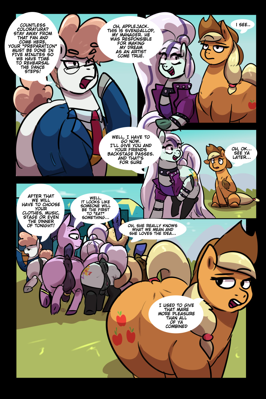 absurd_res anus applejack_(mlp) azulejo balls clothed clothed_feral clothing coloratura_(mlp) comic cowboy_hat detailed_background dialogue english_text equid equine eyewear female feral friendship_is_magic genitals glasses hair hasbro hat headgear headwear hi_res male mammal my_little_pony pussy svengallop_(mlp) text