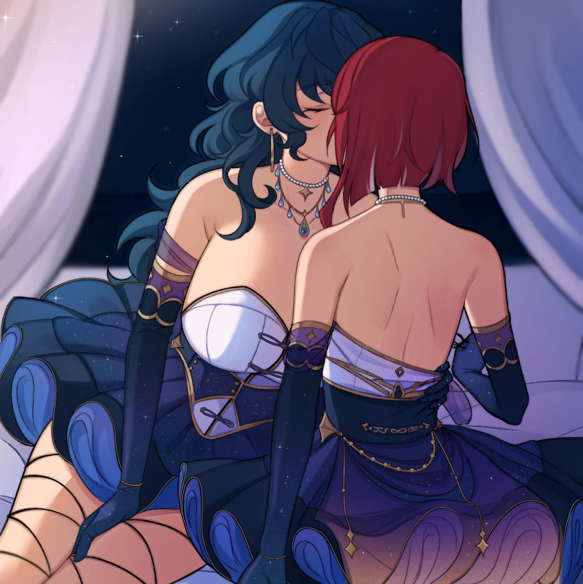 2girls aoba_tsugumi blue_hair blue_skirt breasts cleavage dress earrings elbow_gloves ensemble_stars! fishnets gloves highres jewelry long_hair lummy_yummy multiple_girls necklace night night_sky pearl_necklace red_hair sakasaki_natsume short_hair_with_long_locks skirt sky starry_sky_print wavy_hair white_dress white_hair yuri