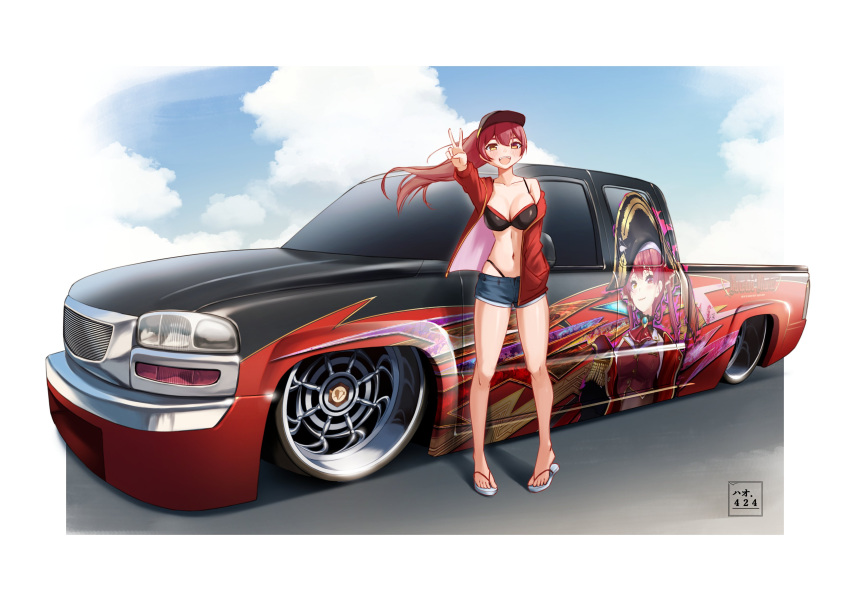 1girl absurdres artist_name barefoot_sandals baseball_cap bikini black_bikini black_headwear blue_shorts brown_eyes cloud denim denim_shorts english_commentary flip-flops gmc_(automobile) gmc_sierra hand_in_pocket haow hat highres hololive hood hoodie houshou_marine houshou_marine_(1st_costume) itasha looking_at_viewer lowrider motor_vehicle no_heterochromia off_shoulder open_mouth pickup_truck ponytail red_hair red_hoodie sandals short_shorts shorts sky smile solo swimsuit truck v vehicle_focus white_footwear