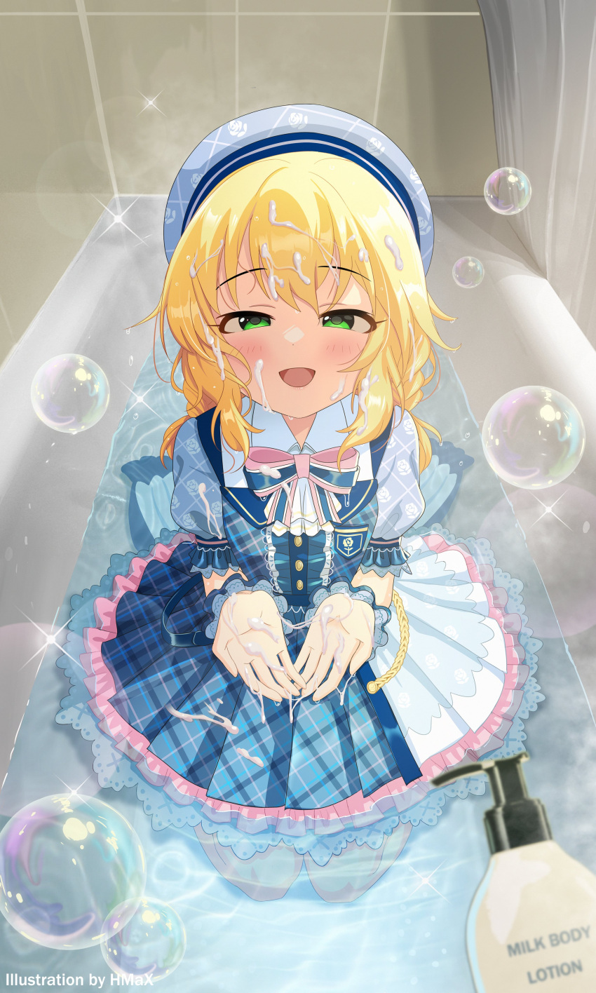 1girl :d absurdres artist_name bathroom bathtub blonde_hair blue_dress blush braid commentary_request door dress from_above full_body green_eyes half-closed_eyes hands_up highres hmax idolmaster idolmaster_cinderella_girls idolmaster_cinderella_girls_starlight_stage kneeling lolita_fashion looking_at_viewer lotion_bottle partially_submerged sakurai_momoka short_hair shower_curtain smile soap_bubbles solo straight-on suggestive_fluid tile_wall tiles upper_body wrist_cuffs