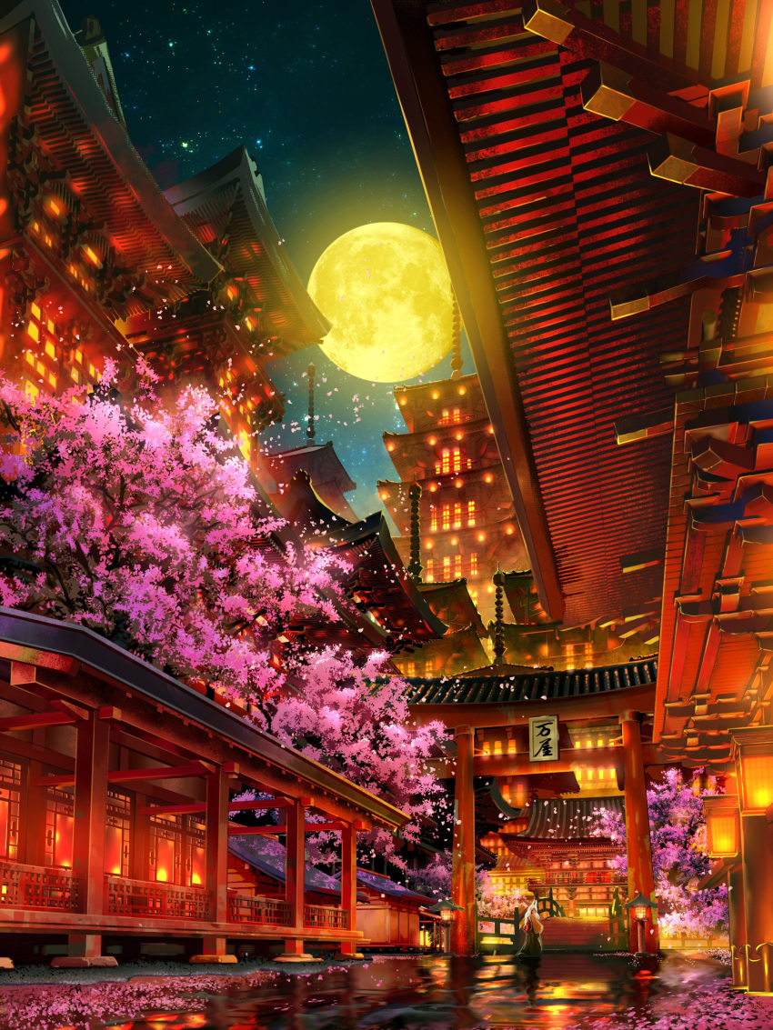 1girl absurdres animal_ears architecture building cherry_blossoms east_asian_architecture falling_petals fantasy fox_ears full_moon highres japanese_clothes landscape lantern long_hair miko moon night night_sky original petals scenery shrine sky smile_(qd4nsvik) star_(sky) starry_sky torii tree white_hair wooden_bridge wooden_lantern