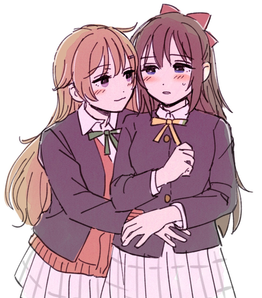 2girls blue_eyes blush brown_hair check_commentary commentary commentary_request hair_between_eyes hair_ornament hair_ribbon hairclip half-closed_eyes hand_on_another's_arm hand_on_another's_stomach highres hug long_hair looking_at_another love_live! love_live!_nijigasaki_high_school_idol_club multiple_girls nijigasaki_academy_school_uniform parted_lips ponytail purple_eyes ribbon school_uniform smile solllolll sweatdrop wavy_hair white_background yuri