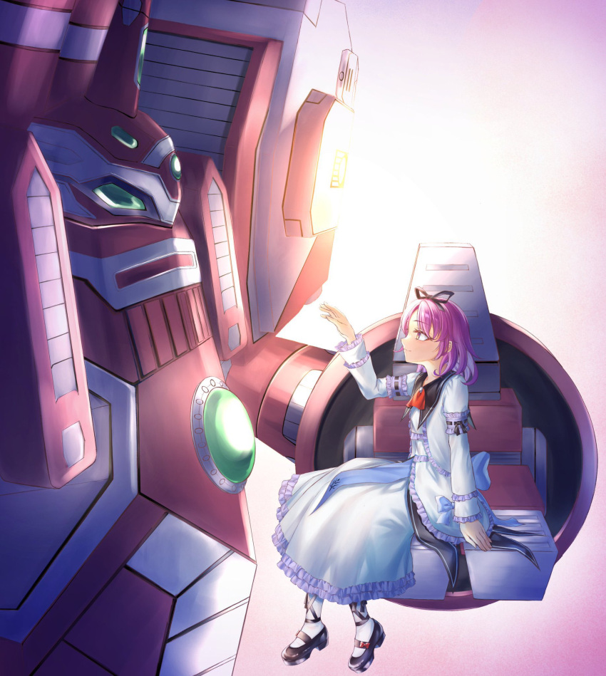 1girl bob_cut bow dress eiyuu_densetsu hair_bow highres mecha ponntatta purple_hair renne_(eiyuu_densetsu) robot sitting smile solo sora_no_kiseki yellow_eyes