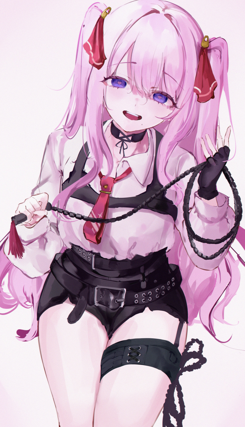 1girl :d absurdres belt black_gloves gloves goddess_of_victory:_nikke highres holding holding_whip long_hair looking_at_viewer mile_(off8mile) necktie open_mouth pink_hair purple_eyes shorts simple_background single_glove smile solo teeth thigh_strap white_background yuni_(nikke)