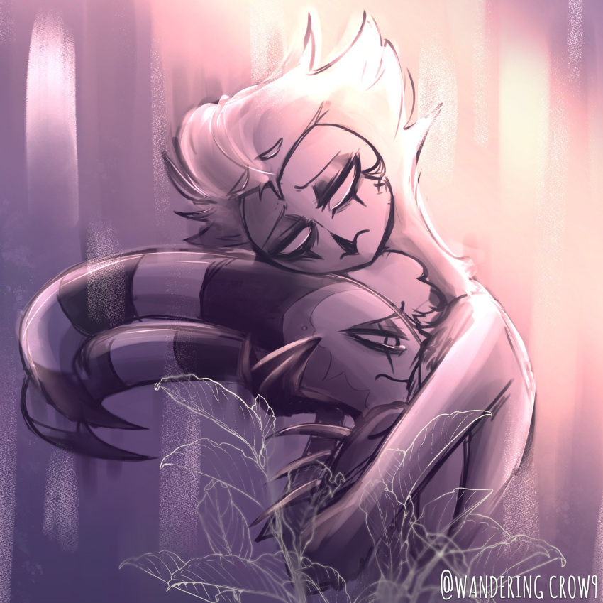 anthro avian bird blitzo_(helluva_boss) bodily_fluids crying duo embrace flower frown hair helluva_boss hi_res horn hug imp looking_down male owl owl_demon plant purple_background sad short_hair simple_background stolas_(helluva_boss) tears wanderingcrow9