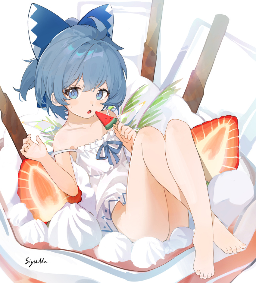 1girl artist_name ass barefoot blue_bow blue_eyes blue_hair bow camisole cirno collarbone commentary crossed_legs feet food fruit hair_between_eyes hair_bow highres holding holding_food knees_up legs open_mouth popsicle short_hair signature siyumu solo strawberry toenails toes touhou watermelon_bar white_camisole