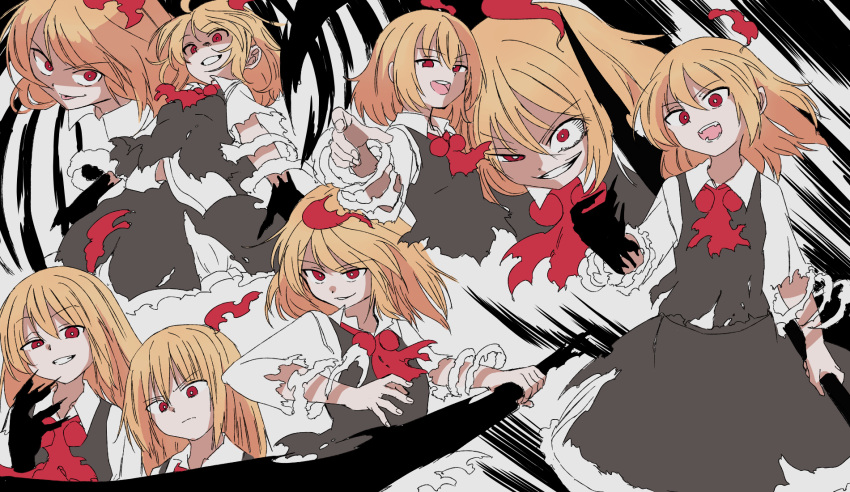 1girl black_skirt black_vest blonde_hair claws collared_shirt darkness evil_grin evil_smile grin hair_between_eyes hair_ribbon highres long_hair medium_hair multiple_views open_mouth red_eyes red_ribbon ribbon rumia shinmon_akika shirt sketch skirt smile smirk tongue tongue_out torn_clothes torn_sleeves touhou vest white_shirt