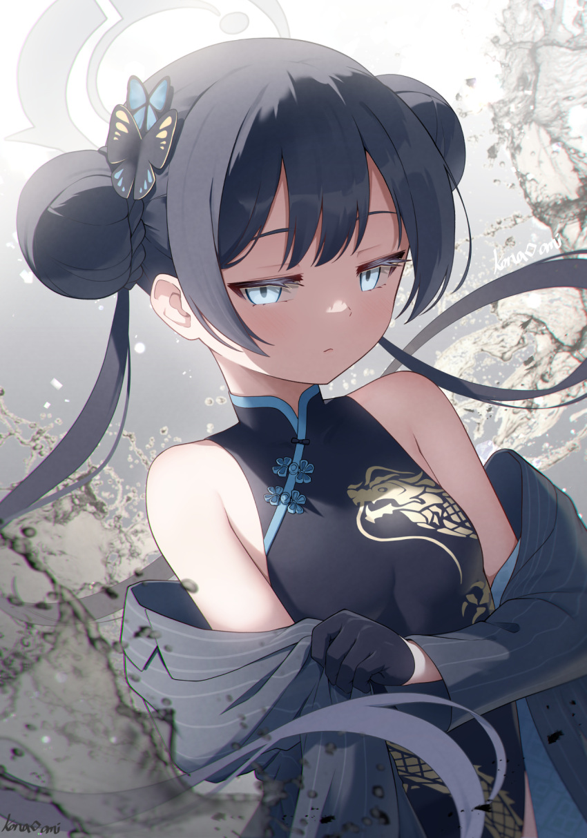 1girl bare_shoulders black_dress black_gloves black_hair blue_archive blue_eyes breasts butterfly_hair_ornament china_dress chinese_clothes closed_mouth double_bun dragon_print dress dutch_angle expressionless gloves grey_background grey_jacket hair_bun hair_ornament half-closed_eyes halo highres jacket jacket_partially_removed kana_ami kisaki_(blue_archive) looking_at_viewer pinstripe_jacket pinstripe_pattern print_dress short_hair_with_long_locks sleeveless sleeveless_dress small_breasts solo striped twintails upper_body