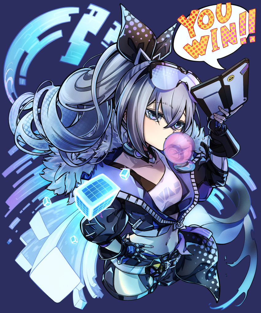 1girl absurdres black_gloves blue_background blue_eyes bow bubble_blowing chewing_gum cropped_jacket cropped_legs cube english_text fingerless_gloves floating_hair from_above gloves goggles goggles_on_head grey_hair hair_between_eyes hair_bow hand_on_own_hip hand_up highres holding holding_tablet_pc honkai:_star_rail honkai_(series) jacket long_hair looking_at_viewer looking_up messy_hair midriff nail_polish navel neon_palette open_clothes open_jacket partially_unzipped pink_nails ponytail purple_background raised_eyebrows silver_wolf_(honkai:_star_rail) smug solo tablet_pc taiju_(gr09kuma) very_long_hair
