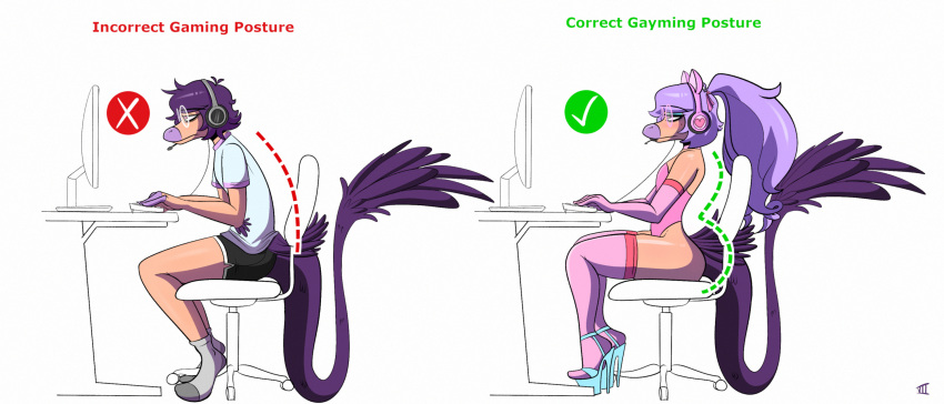 anthro arm_feathers armwear bottomwear butt_tuft chair clothed clothing computer_monitor crossdressing dinosaur dromaeosaurid elbow_feathers elbow_gloves english_text eyeshadow eyewear fake_cat_ears fake_ears feather_tuft feathered_dinosaur feathers footwear furgonomics furniture gaming_headset girly glasses gloves goodbye_volcano_high hair half-closed_eyes handwear headphones hi_res high_heels legwear leotard long_hair long_tail makeup male microraptor narrowed_eyes office_chair pink_body pink_scales plantigrade ponytail purple_body purple_eyes purple_feathers purple_hair purple_scales reptile sage_(gvh) scales scalie seven_(artist) shirt shorts sitting slouching snoot_game snout socks solo tail tail_feathers text theropod thigh_highs topwear tuft