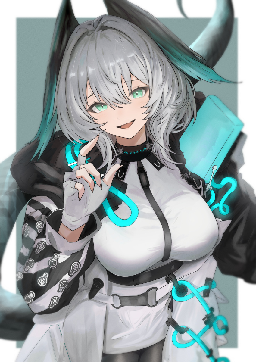 1girl aqua_wings arknights belt between_breasts black_pantyhose breasts coat dress fang feathered_wings fingerless_gloves gloves green_eyes grey_hair hair_between_eyes head_wings highres ho'olheyak_(arknights) infection_monitor_(arknights) large_breasts long_hair long_sleeves open_clothes open_coat open_mouth pantyhose raised_eyebrow snake_tail solo sora_mame_(princess_0sora) strap_between_breasts tail two-tone_wings white_dress wings