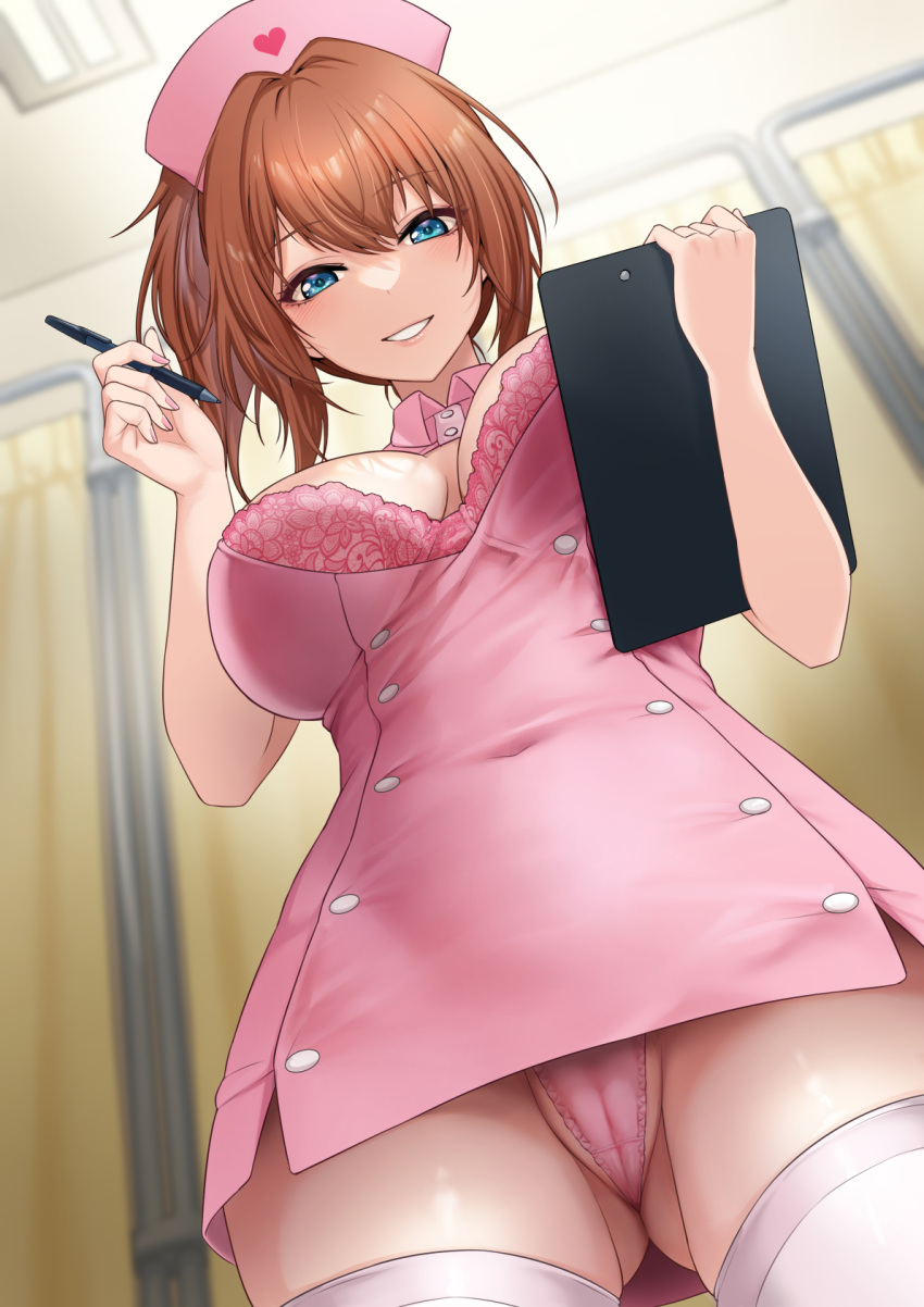 1girl blue_eyes breasts brown_hair covered_navel dress hair_between_eyes hair_ornament heart highres indoors large_breasts looking_at_viewer medium_hair nurse original panties pen pink_dress pink_panties piyosuke_tmg smile solo teeth thighhighs underwear