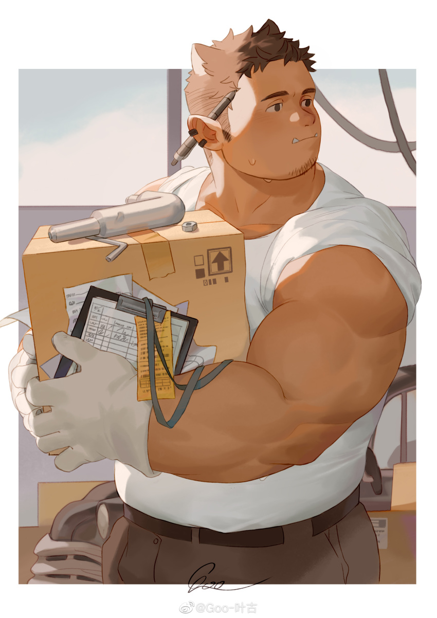 1boy absurdres animal_ears bara box brown_hair cardboard_box cat_ears dark-skinned_male dark_skin earrings feet_out_of_frame forearms goatee_stubble goo_(koushishikou11) highres holding holding_box jewelry large_hands looking_to_the_side male_focus mechanic muscular muscular_male original pectorals pencil_behind_ear plump shirt short_hair strongman_waist sunlight sweat thick_eyebrows tied_sleeves white_shirt